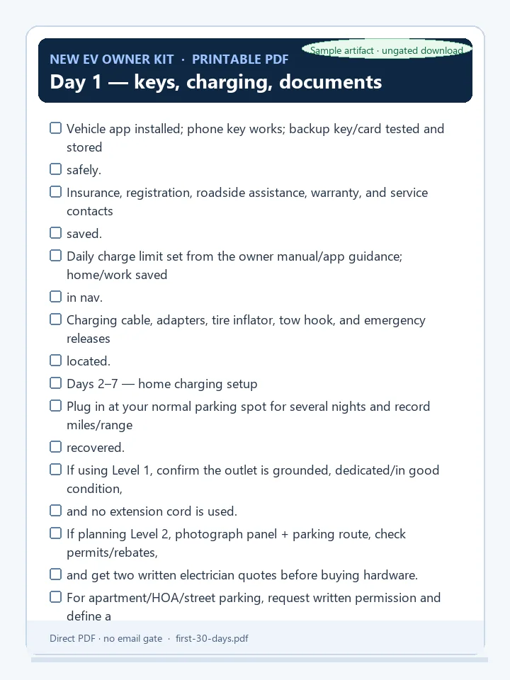 First 30 days EV setup checklist PDF preview